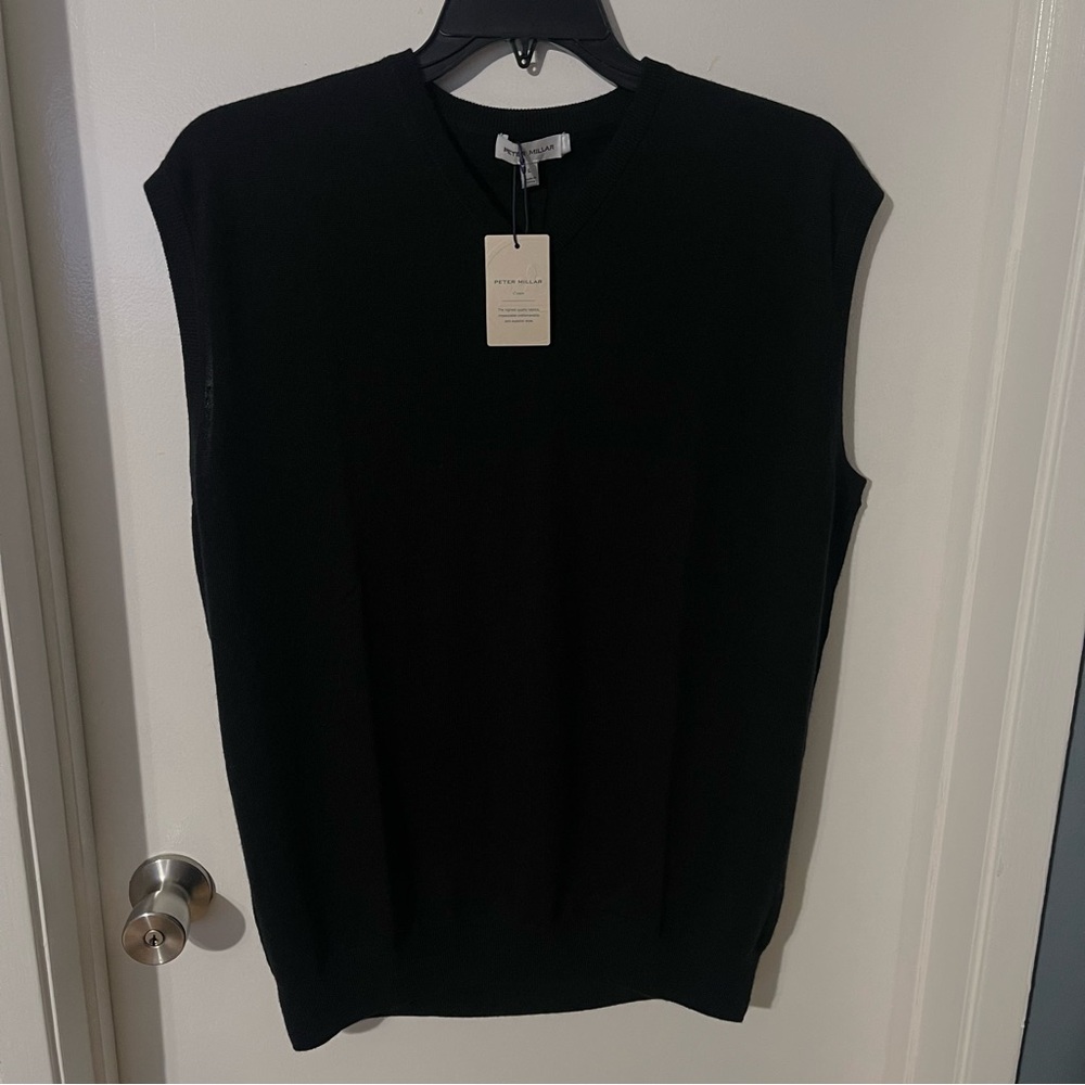 Peter Millar Mens Sweater Vest Size Lar Black V-Neck Sleeveless 100% Merino Wool